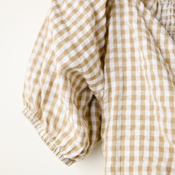 Gingham Smocked Puff Sleeve Wrap Crop Top‎ Medium Cottagecore Milkmaid Boho - Picture 3 of 8